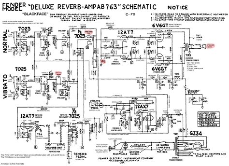 fender deluxe reverb ab tube guitar amplifier annotated schematic  robrobinettecom
