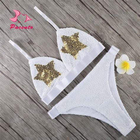pacento shiny star sequins bikini women plain white swimsuit sling