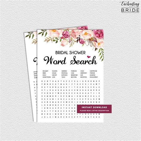 word search boho bridal shower game pink flowers garden