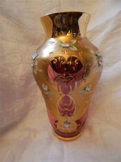 Lge Vintage Cranberry And 24k Gold Murano Glass Vase