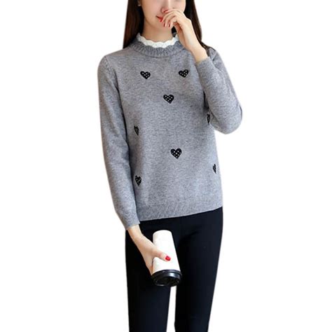 Cute Heart Shape Print Knitted Sweater Women 2018 Winter Autumn Women