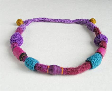 textile jewelry beaded fiber necklace red purple by