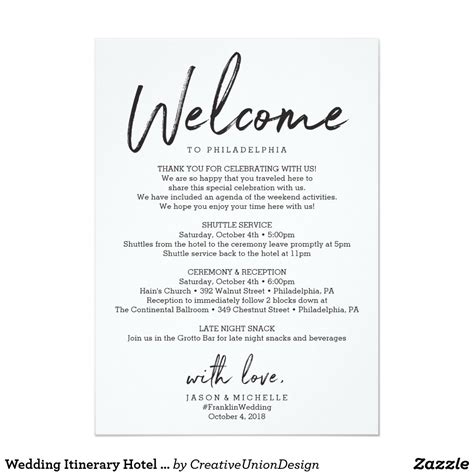 wedding itinerary hotel  letter zazzle wedding itinerary