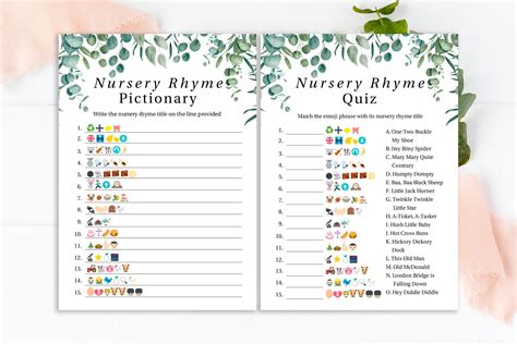 emoji nursery rhyme quiz greenery eucalyptus baby shower game green