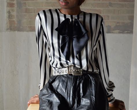 black and white striped satin pussybow blouse black