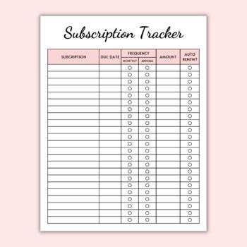 subscription tracker printable subscription log expense tracker