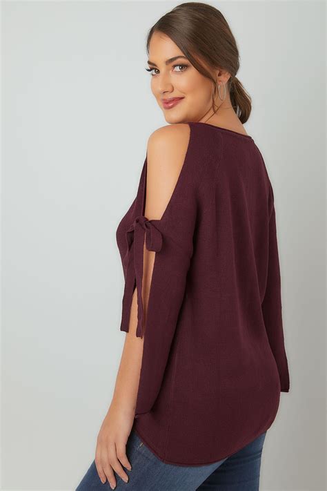 limited collection burgundy dipped hem jumper with open arms and tie