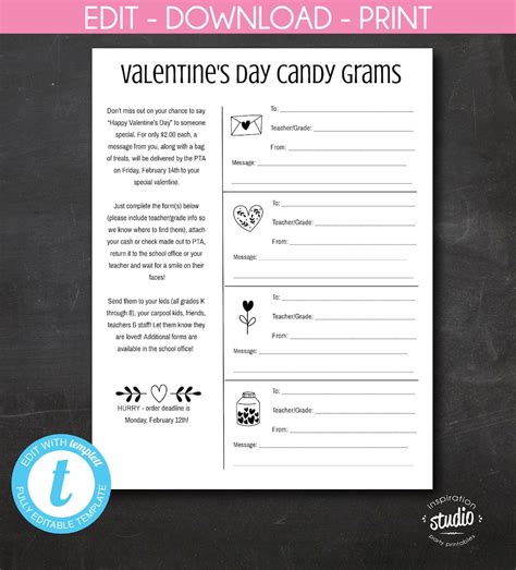 valentines day candy gram flyer template  schools etsy canada