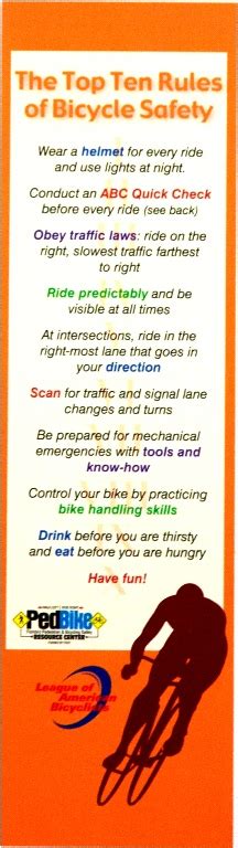 Bookmark The Top Ten Rules Of Bicycle Safety Educational