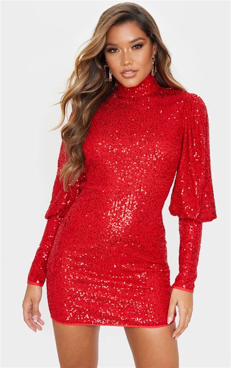 Red Sequin Puff Sleeve Bodycon Dress Prettylittlething Uae