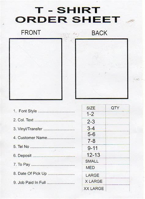 printable  shirt order form