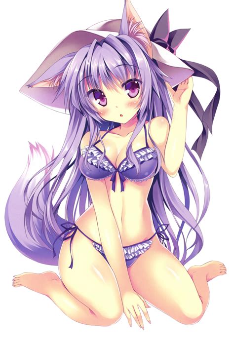 neko anime girl in a purple swimsuit sweet cat girl with purple hair and sitting on the floor