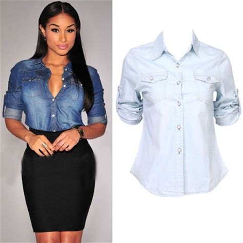 fashion women retro blue jean soft denim long sleeve shirt tops blouse jacket  blouses