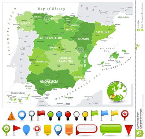 spain map spot green colors  glossy icons stock vector illustration  administrative