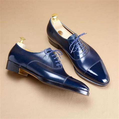 handmade leather oxford navy blue colour cap toe formal dress shoes