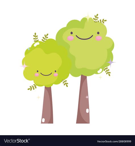 kawaii gardening cartoon happy trees characters vector image