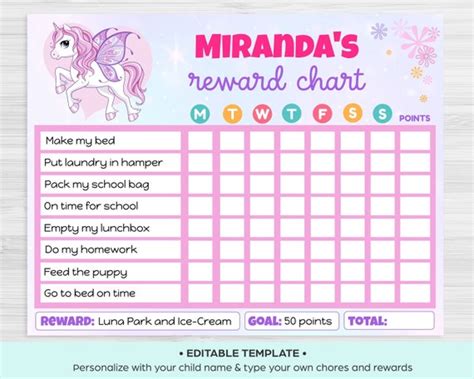 unicorn reward chart printable