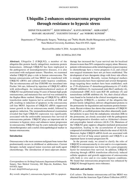 pdf ubiquilin 2 enhances osteosarcoma progression through resistance to hypoxic stress