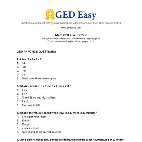 ged math practice test  printable  printable