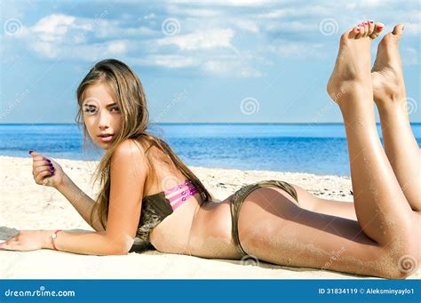 Beautiful Woman Lying On The Beach Stock Image Image Of Background