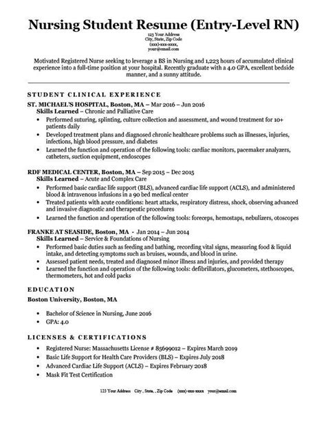 entry level nursing student resume sample  nursing