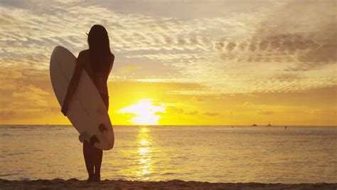 Surfing Surfer Girl Looking At Ocean Beach Sunset Female Bikini Woman
