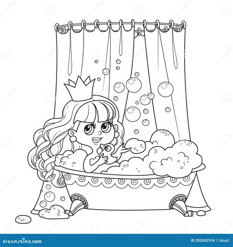 cute princess  bath   duck outlined  coloring book stock