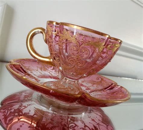 Antique Moser Cranberry Glass Demitasse Tea Cup And Saucer Etsy Tea