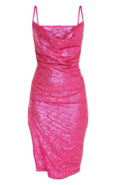 Pink Sequin Strappy Side Split Cowl Neck Midi Dress Prettylittlething