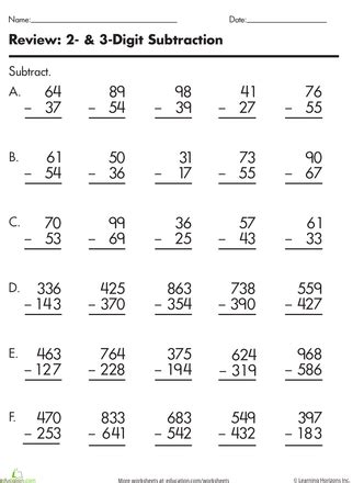 digit subtraction worksheet   grade students  practice