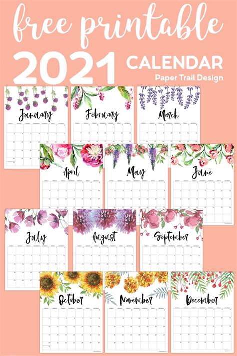 Free Printable Calendar 2021 Floral Paper Trail Design Printable