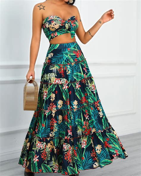 tropical print crop top and maxi skirt set online discover hottest trend
