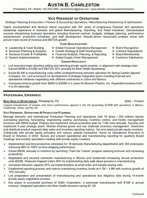 resume sample 4 vice president of operations career