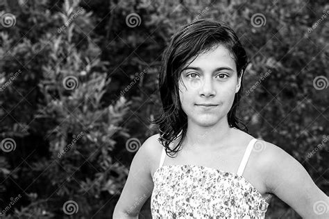 A Black Haired Teenage Girl Black And White Photo Stock Image Image