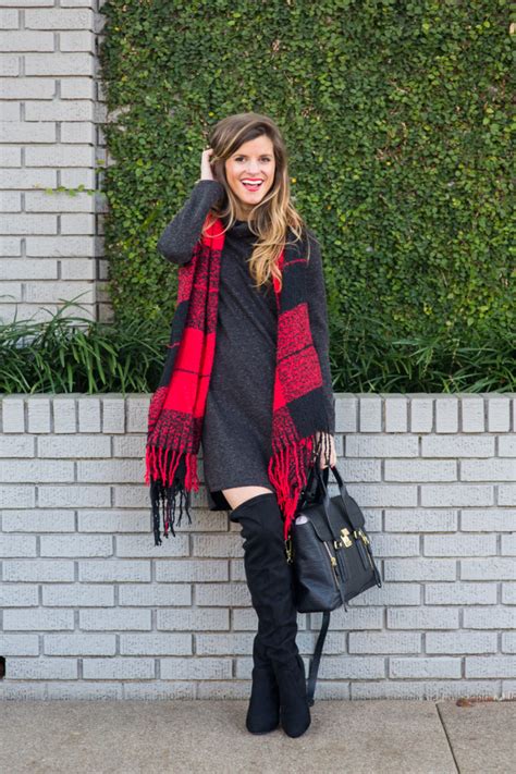 thigh high boots sweater dress and scarf