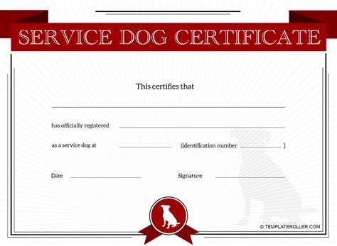 service dog certificate template red  printable