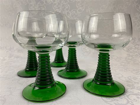 5 Large Green Stemmed Wine Glasses Green Colored Ribbed Stem Roemer