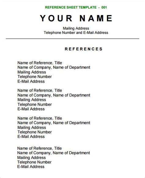 reference sheet template   samples examples format resume