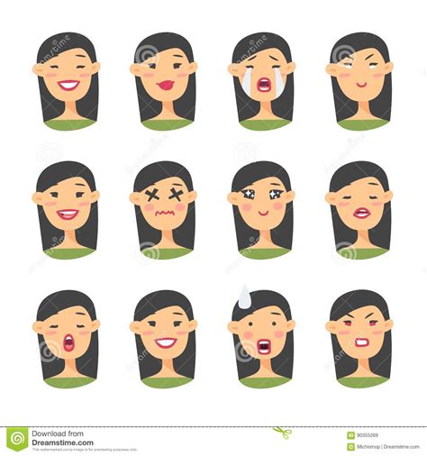 Set Of Asian Emoji Character Cartoon Style Emotion Icons