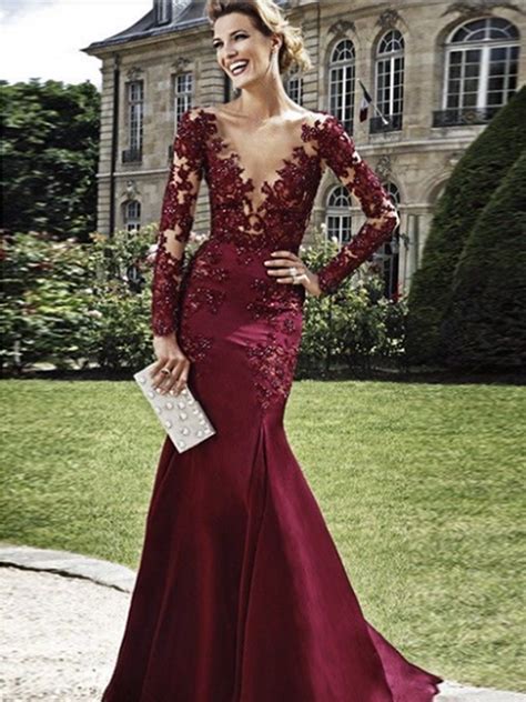 burgundy prom dresses mermaid lace long prom dress mk083