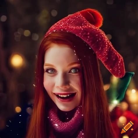 festive redhead girl enjoying snowy christmas night