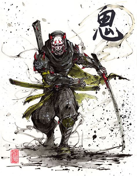 mycks bits genji demon samurai calligraphy demon oni