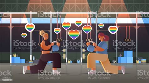 Girls Lovers Doing Physical Exercises With Dumbbells Lesbian Love