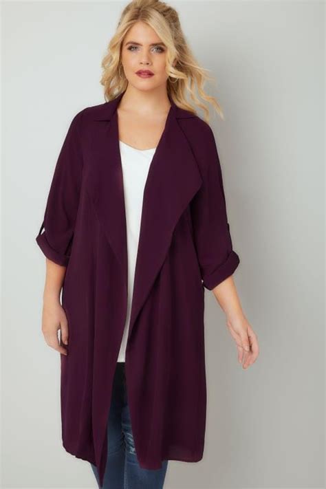 dark purple lightweight duster jacket with waterfall front plus size 16 to 36