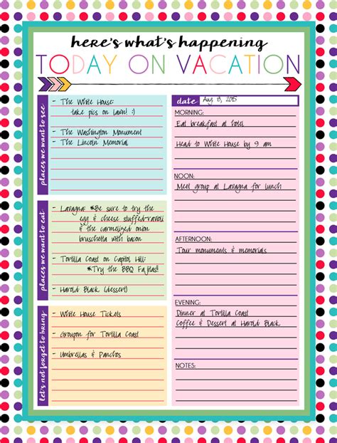 printable daily  weekly vacation calendars vacation itinerary