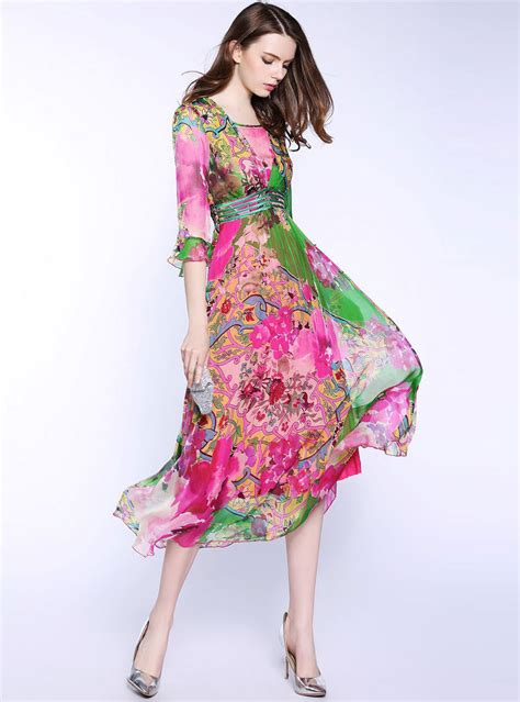 Multi Color Floral Printed Silk Maxi Dress Fancylooks
