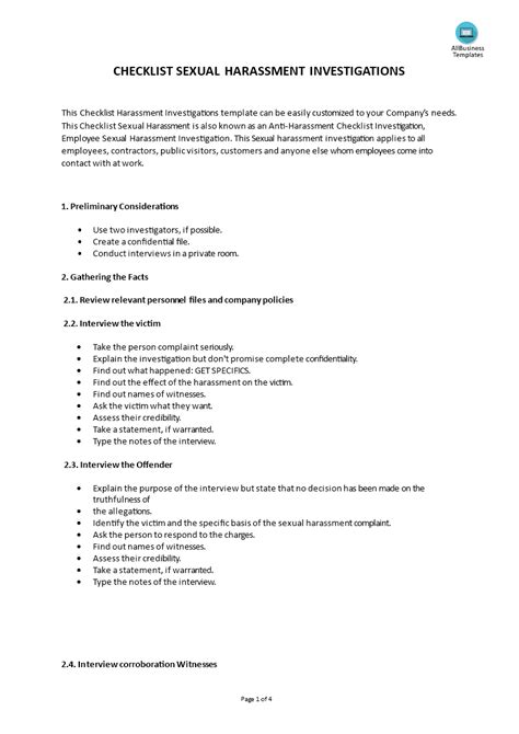 checklist sexual harassment investigation templates at