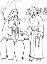 Coloring Jesus Wedding Cana Catholic Wine Water Turns Into Public Feast Mary sketch template