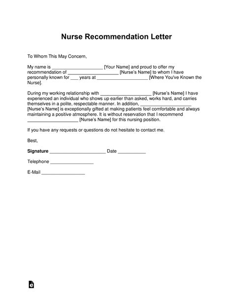 letter  recommendation template  nurse