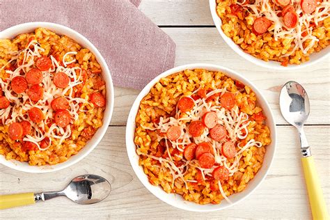 Pepperoni Pizza Cheesy Rice Bowls Recipes Annies